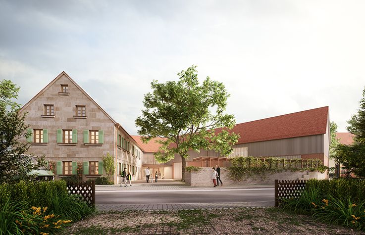 Außenansicht des Kulturhof H7 Bubenreuth, ein modernes Kulturzentrum mit ansprechendem Design.