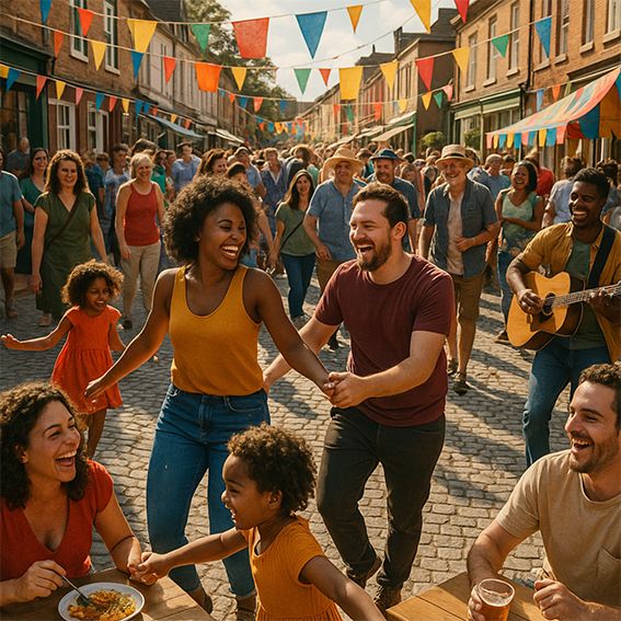 röhliche Menschenmenge feiert bei strahlendem Sonnenschein auf einer Straße mit historischen Gebäuden während des Synagogengassenfest. Jüdische Museum Franken