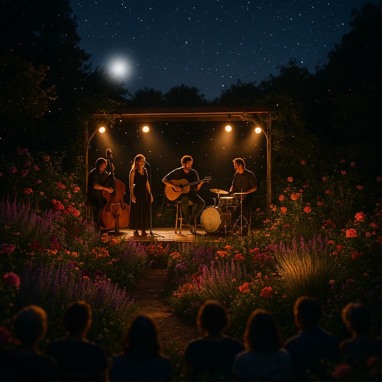 Open-Air-Bühne bei den Sommerkonzerten in der Staudengärtnerei Augustin, umrahmt von Blumen unter einem nächtlichen Sternenhimmel.