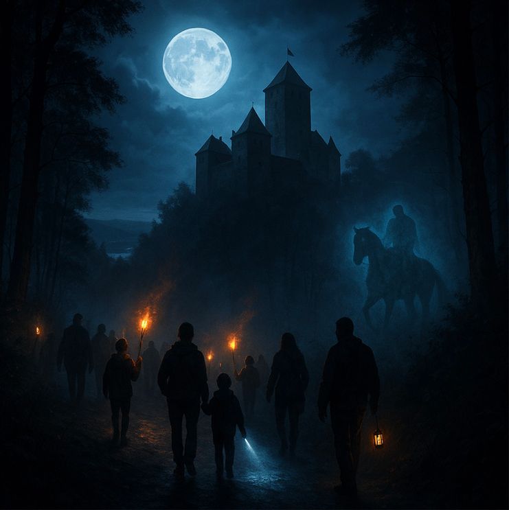 Die Geisterwanderung zu Nittenau - Ein kopfloser Reiter auf einem schwarzen Pferd reitet durch einen nebligen Nachtwald. Anstelle des Kopfes hält die Gestalt einen leuchtenden Kürbis. Im Hintergrund ist die Silhouette einer Burg zu sehen.