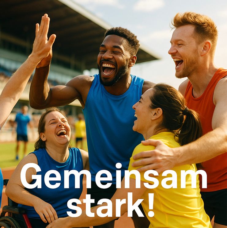 Special Olympics Landesspielen ErlangenEine Gruppe von Athletinnen und Athleten der Special Olympics jubelt ausgelassen im Freien. Sie tragen Medaillen um den Hals und recken ihre Arme triumphierend in die Luft
