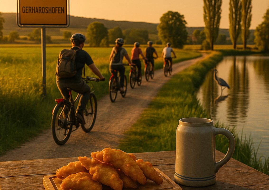 Karpfenschmecker Radeltour: Genussradler an den Aischgründer Teichen bei Gerhardshofen – Verkostung mit Karpfen im Bierteig im goldenen Abendlicht.