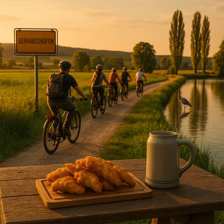 Karpfenschmecker Radeltour in Gerhardshofen: Radler an Aischgründer Teichen bei Sonnenuntergang mit Karpfenverkostung.