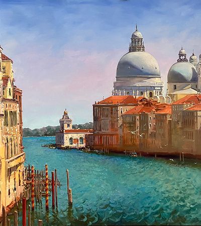 Ölgemälde des Canal Grande in Venedig mit der Basilika Santa Maria della Salute am rechten Ufer und historischen Palästen bei sonnigem Wetter. Zu sehen bei der Sonderausstellung "Bella Italia" im Museum Weisßs Schloß Heroldsberg