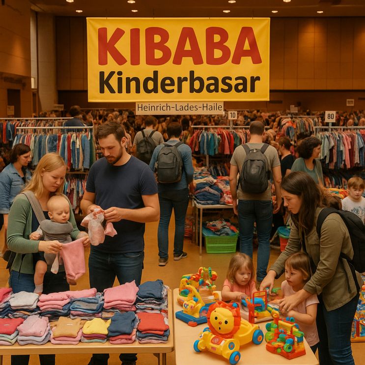 Kinderbasar in der Heinrich‑Lades‑Halle Erlangen: Stände mit Kinderkleidung und Spielzeug, Familien stöbern nach Schnäppchen.