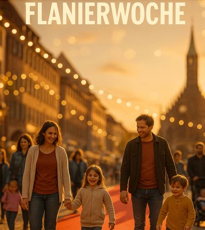 Familien mit Kindern flanieren fröhlich auf einem roten Teppich durch die sonnendurchflutete Nürnberger Altstadt während der Nürnberger Flanierwoche.