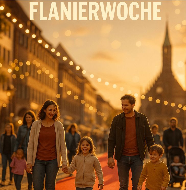 Familien mit Kindern flanieren fröhlich auf einem roten Teppich durch die sonnendurchflutete Nürnberger Altstadt während der Nürnberger Flanierwoche.