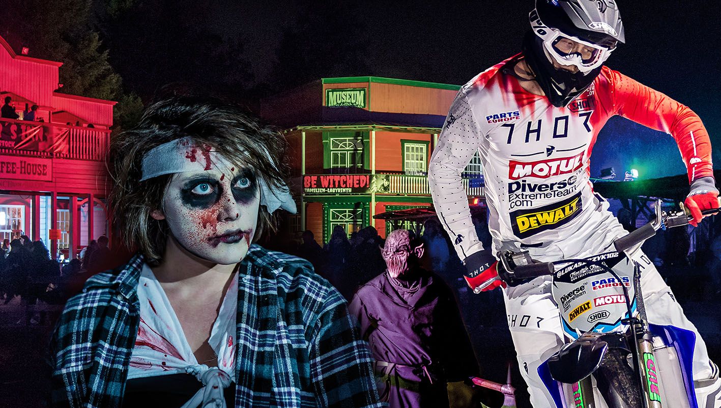 Horror am Boden, Action in der Luft: Die Scary Nights im Erlebnispark Schloss Thurn vereinen schaurige Live-Erschrecker mit der spektakulären Motocross-Show der "Mad Flying Bikes" zu einem unvergesslichen Grusel-Erlebnis.