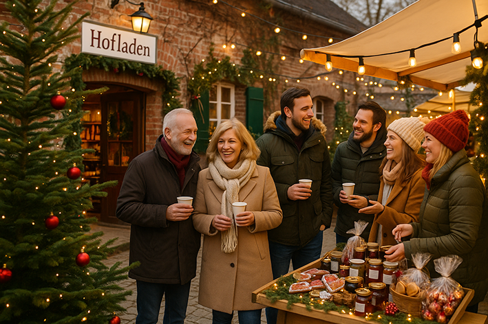 Fröhliche Menschen stehen vor dem weihnachtlich dekorierten Hofladen des Nägelhofs in Erlangen-Büchenbach, umgeben von Lichterketten, Christbaum und Marktständen mit regionalen Spezialitäten.