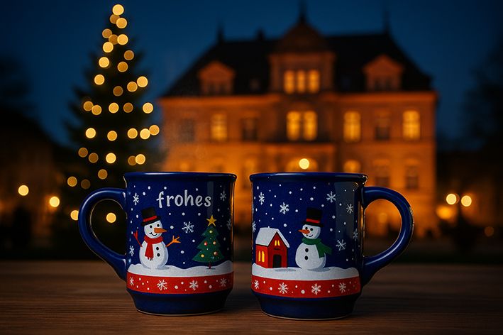 Zwei blaue Glühweintassen mit Schneemann-Motiven stehen auf einem Holztisch. Im Hintergrund leuchtet ein Schloss und ein Weihnachtsbaum in weihnachtlicher Bokeh-Beleuchtung.