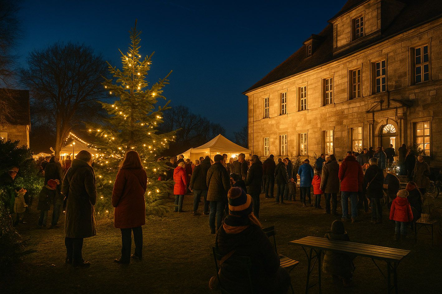 Weihnachtsmarkt im Schlossgarten von Schloss Hemhofen bei Abendbeleuchtung mit Besuchern und Weihnachtsbaum.
