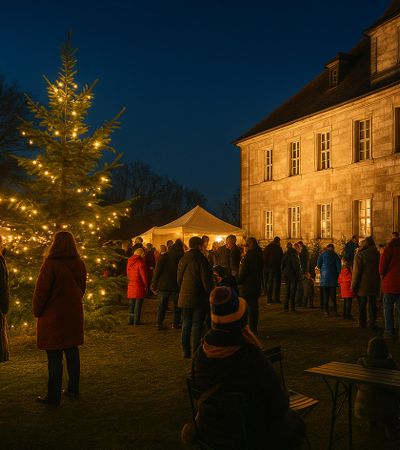Weihnachtsmarkt im Schlossgarten von Schloss Hemhofen bei Abendbeleuchtung mit Besuchern und Weihnachtsbaum.