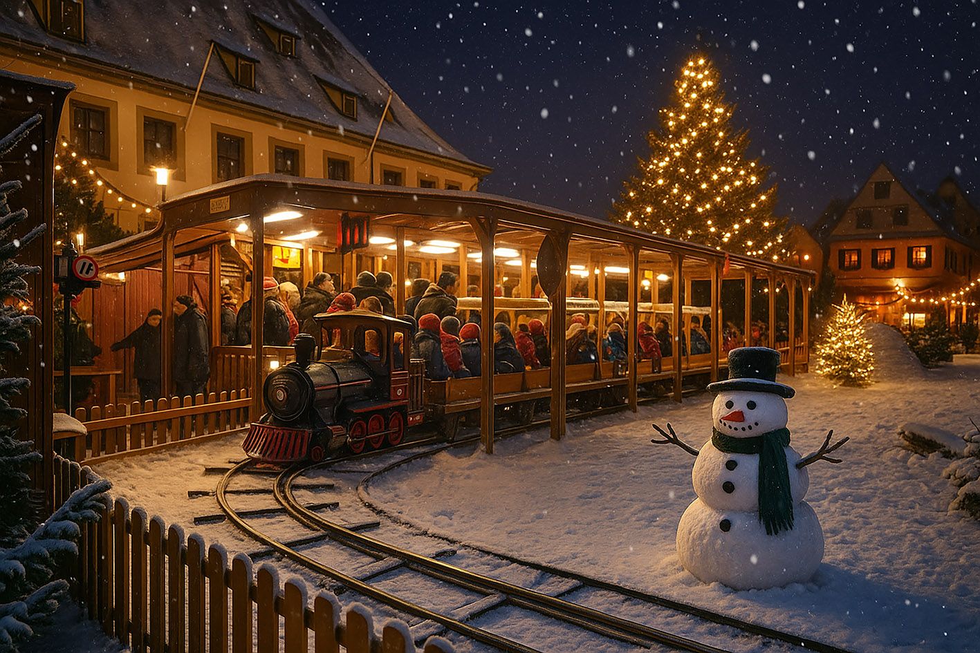 Märchenwaldeisenbahn im verschneiten Lichtenfelser Märchenwald mit Schneemann, Weihnachtsbaum und festlich beleuchteter Altstadt.