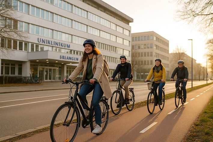 Vier Radfahrer auf dem Radweg vor dem Uniklinikum Erlangen während der Aktion „Mit dem Rad zur Arbeit“ 2025, bei sonnigem Wetter und entspannter Stimmung.