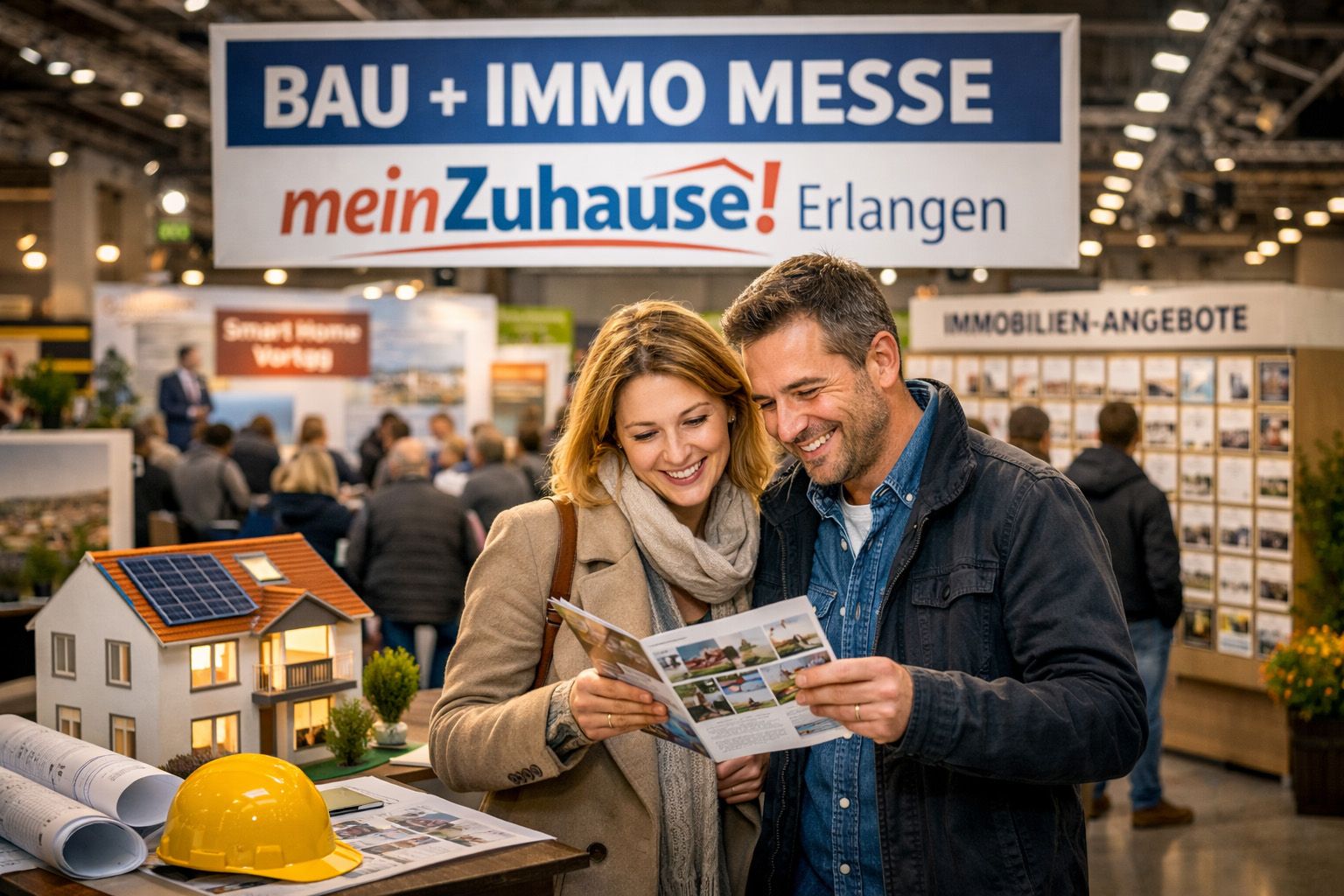 Paar auf der Messe meinZuhause! Erlangen betrachtet eine Immobilienbroschüre vor Messeständen, Hausmodell und Exposéwand.