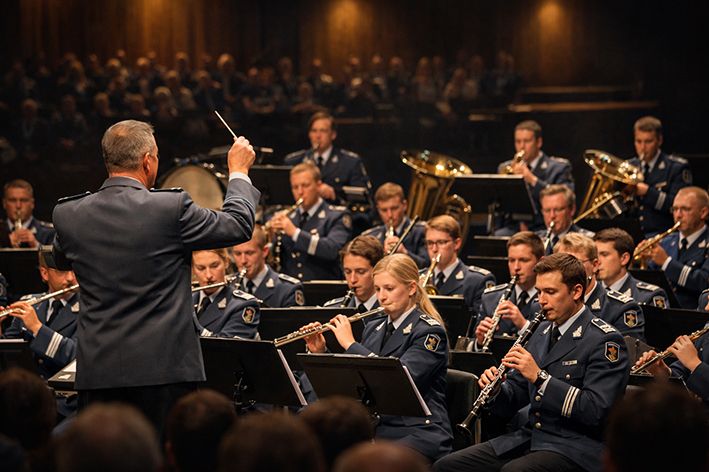 Ausbildungsmusikkorps der Bundeswehr spielt Benefizkonzert mit sinfonischem Blasorchester unter Dirigentenleitung in einer Konzerthalle in Erlangen