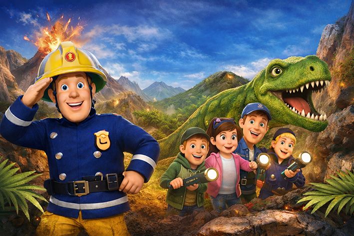 euerwehrmann Sam und Kinder mit Taschenlampen stehen auf einer Dino-Insel, im Hintergrund ein Dinosaurier und ein Vulkan.