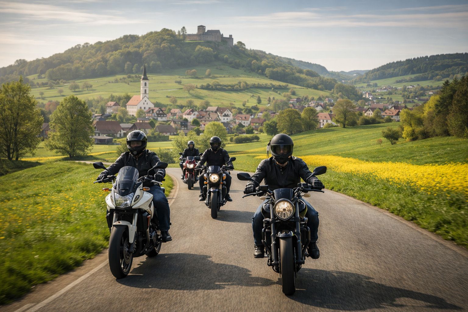 Motorradfahrer in der fränkischen Landschaft bei Fürth und Neumarkt – Saisonstart 2026 mit FRANKEN-BIKE und Jura Bike.