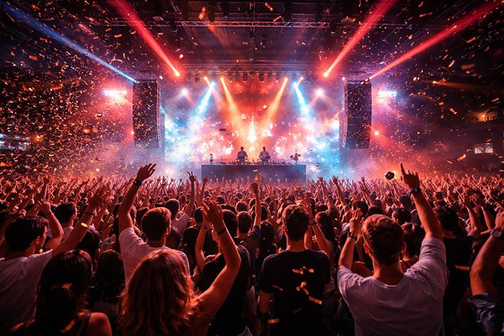 Tanzende Menschenmenge bei einem EDM-Konzert in Erlangen mit Konfetti, Lichtshow und DJ-Bühne in einer großen Veranstaltungshalle.