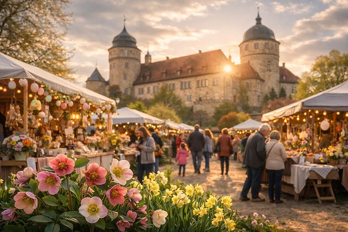 Ostermarkt auf Schloss Thurnau im Frühling mit blühenden Lenzrosen, Marktständen und Besuchern vor historischer Schlosskulisse.