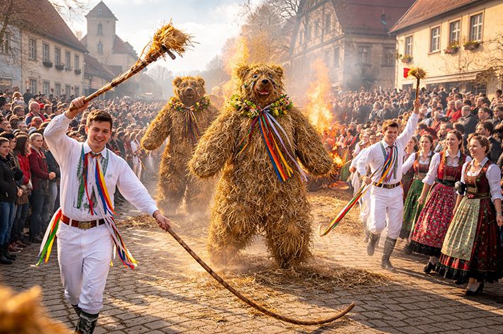 Effeltricher Fasalecken treiben Strohbären mit Peitschenknallen beim Winteraustreiben durch Baiersdorf.