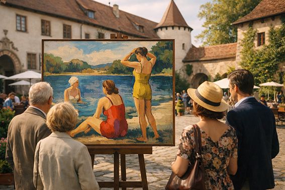 Besucher betrachten ein farbiges Gemälde mit Badenden im Innenhof des Weißen Schlosses Heroldsberg während einer Kunstausstellung.
