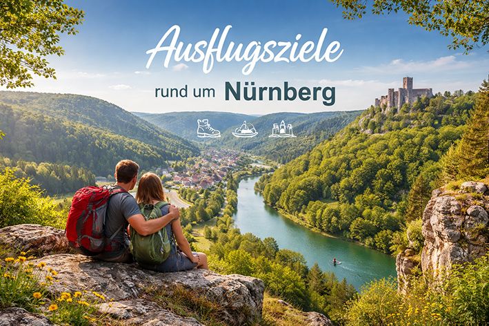 Ausflugsziele rund um Nürnberg mit Wanderern auf Aussichtsfelsen über fränkischer Landschaft