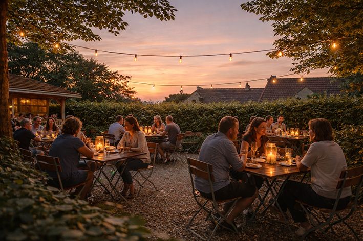 Biergarten Nägelhof Erlangen Büchenbach am Abend mit Gästen an Tischen, Kerzenlicht und Lichterketten im Sommer
