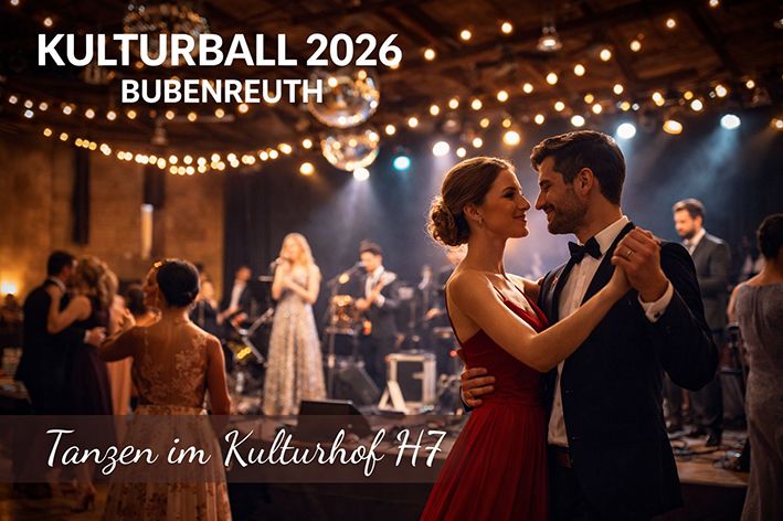 Paar tanzt elegant beim Kulturball Bubenreuth 2026 im Kulturhof H7 bei Erlangen mit Liveband und stimmungsvoller Beleuchtung