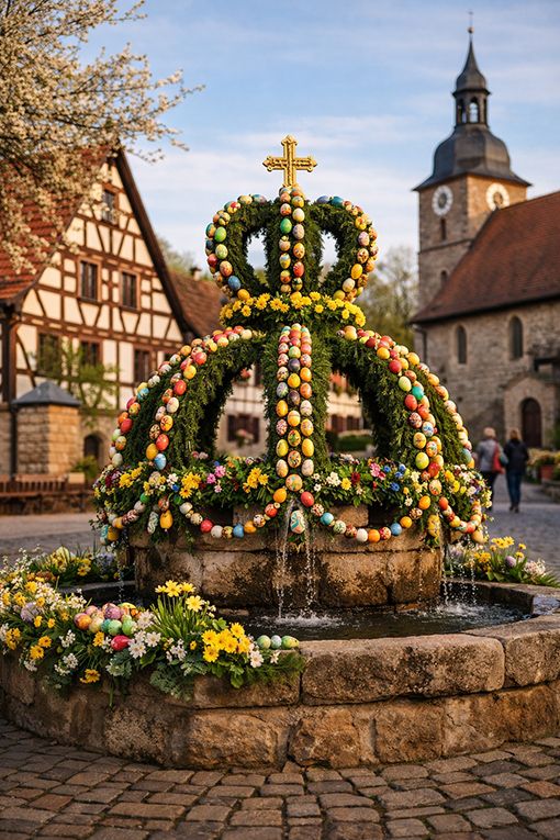 Osterbrunnen in der Fränkischen Schweiz mit bunten Ostereiern, Fachwerkhäusern und Kirche im Hintergrund im Frühling