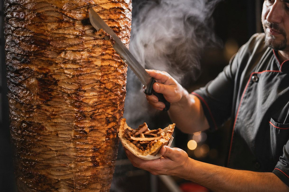 Nahaufnahme eines Döner-Spießes mit frisch geschnittenem Fleisch und belegtem Fladenbrot.