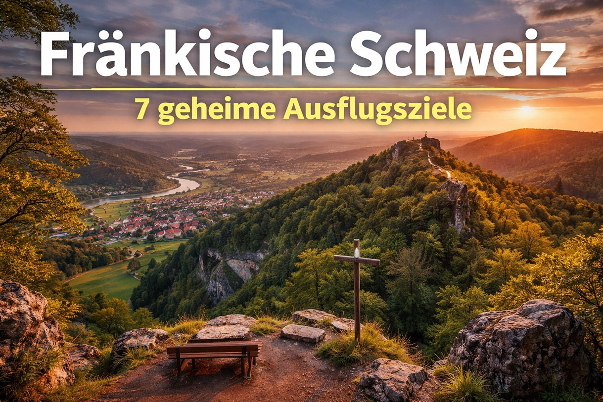 Fränkische Schweiz Panorama bei Sonnenuntergang mit Walberla Aussicht und Talblick in Oberfranken