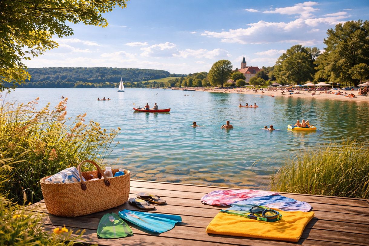 Sommer am Wasser in Franken mit Badesee, Schwimmern, SUP und idyllischer Landschaft