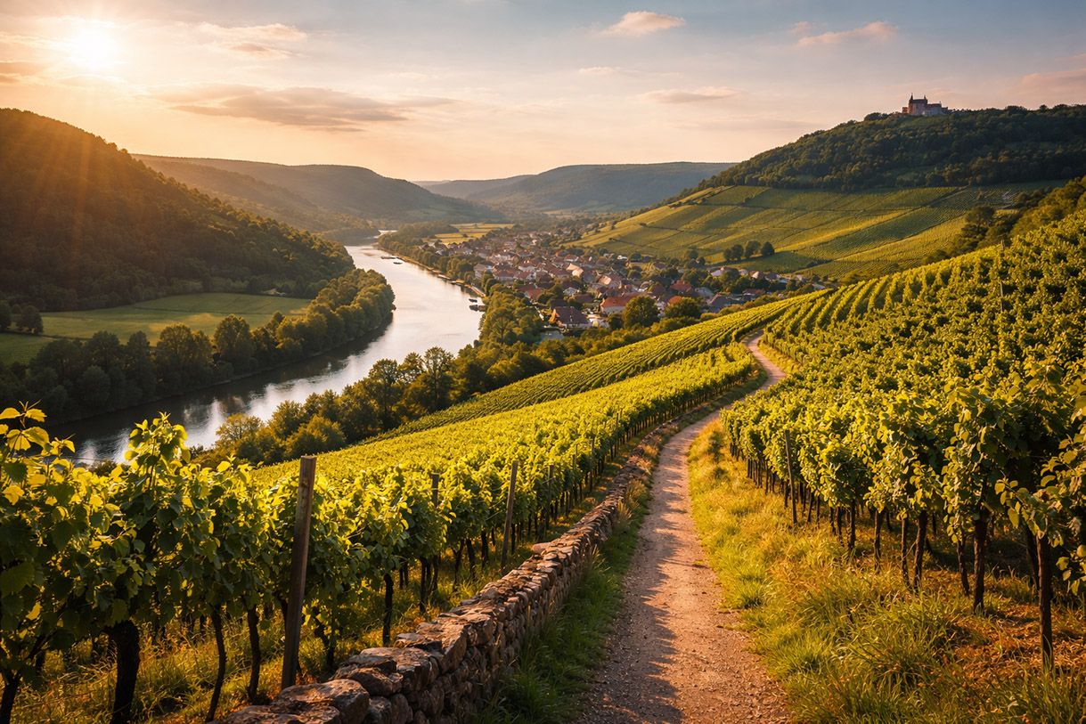 Wandern in Franken durch Weinberge mit Blick über das Maintal bei Sonnenuntergang
