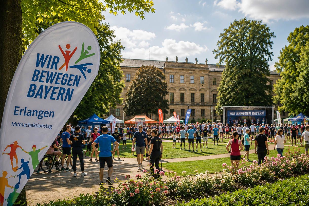 Menschen beim Mitmachaktionstag „Wir bewegen Bayern“ im Schlossgarten Erlangen vor dem Erlanger Schloss