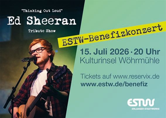 Sänger der Ed Sheeran Tribute Show bei einem Live-Auftritt mit Akustikgitarre vor dem Benefiz-Open-Air 2026 in Erlangen