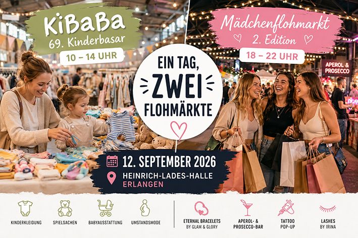 Besucherinnen und Familien beim KiBaBa und Mädchenflohmarkt 2026 in der Heinrich-Lades-Halle Erlangen beim nachhaltigen Second-Hand-Shopping.