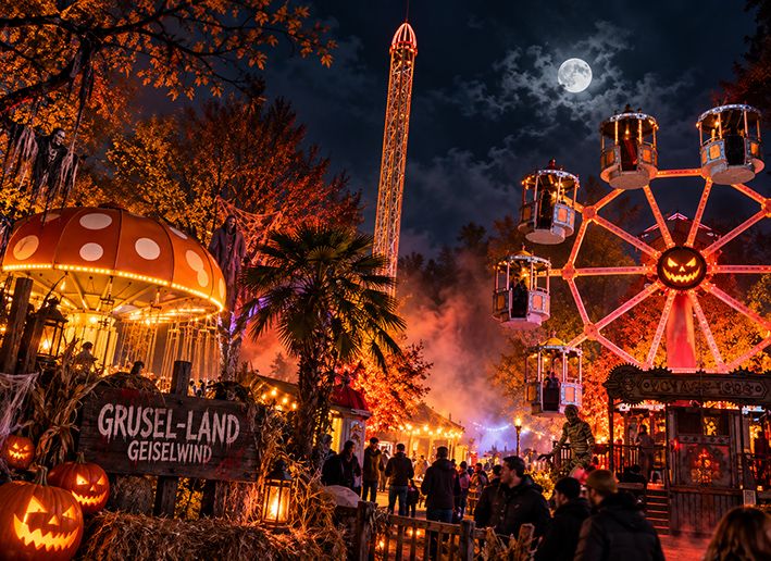 Grusel-Land Geiselwind 2026 bei Nacht mit Fahrgeschäften, Kürbissen und Halloween-Atmosphäre