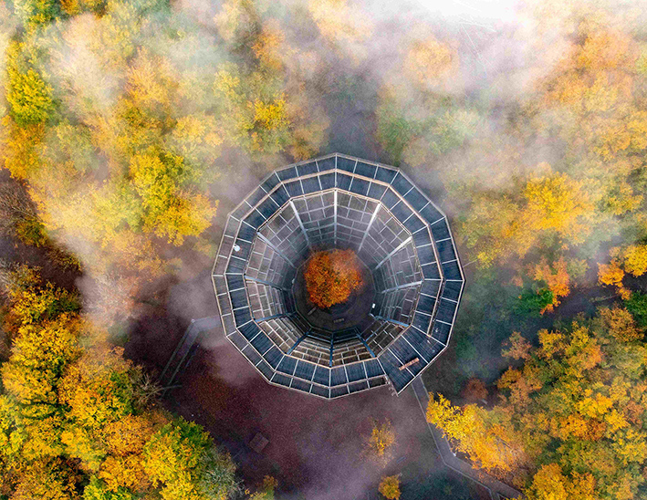 Herbst über dem Steigerwald: Der Aussichtsturm des Baumwipfelpfads bei Ebrach aus der Vogelperspektive.