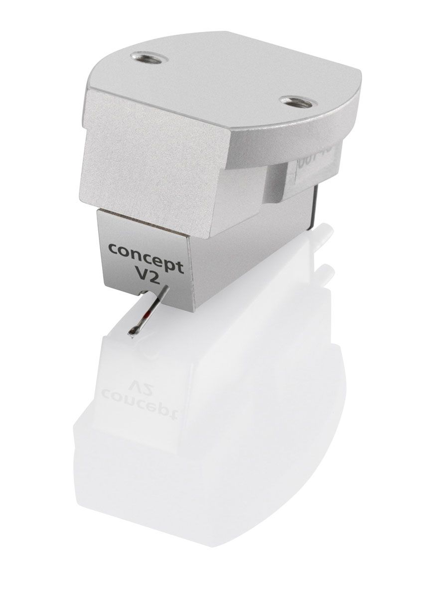 Clearaudio moving-magnet cartridge with bright, patterned body against a white background.