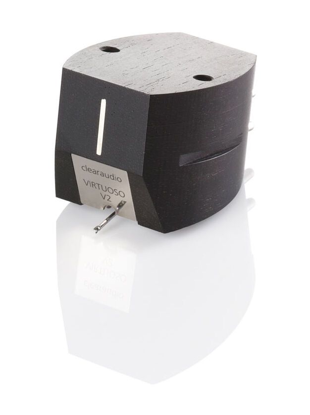 Close-up of the black clearaudio Maestro V2 ebony cartridge with white centre stripe.