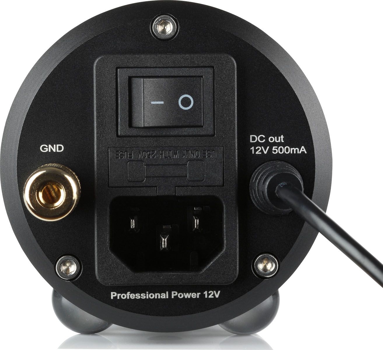 Rear view of the round clearaudio Professional Power 12V power supply with power switch, IEC power connector, gold-plated ground terminal (GND), and DC output cable.