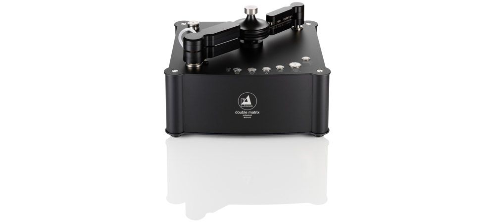 Studio photo of the professional, black Clearaudio Double Matrix Professional SONIC record cleaner with an elaborate double-sided cleaning arm, set against a white background.