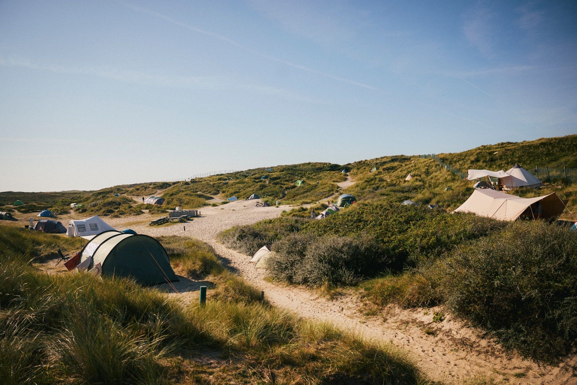 Ein Campingplatz in den Dünen mit vielen Zelten und einem klaren blauen Himmel im Hintergrund.