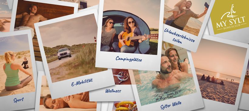 Sammelbild verschiedener Polaraoids mit Motiven der Angebote des Insel Sylt Tourismus-Service_: Sport am Strand, CAmper vor ihrem Zelt mit Gitarre, zwei Badende in der Sylter Welle