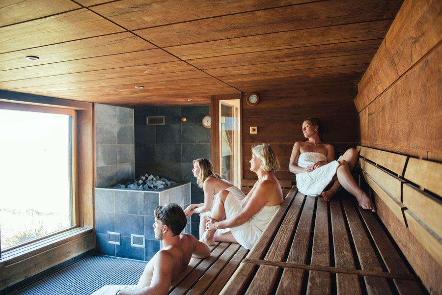 Zwei Frauen und zwei Männer sitzen in der Blockhaussauna und blicken aus dem Fenster