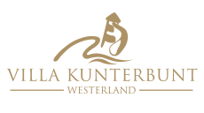 Logo der Villa Kunterbunt in Westerland: stilisierte Welle mit Leuchtturm darüber, darunter der Schriftzug „Villa Kunterbunt – Westerland“ in Gold auf hellem Hintergrund.
