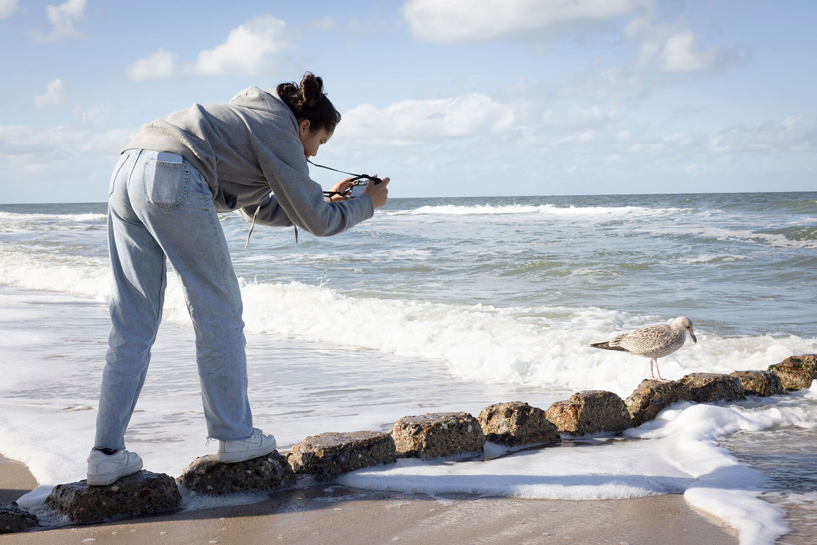 Eine Frau fotografiert eine Möwe am Strand auf einer Buhne sitzend