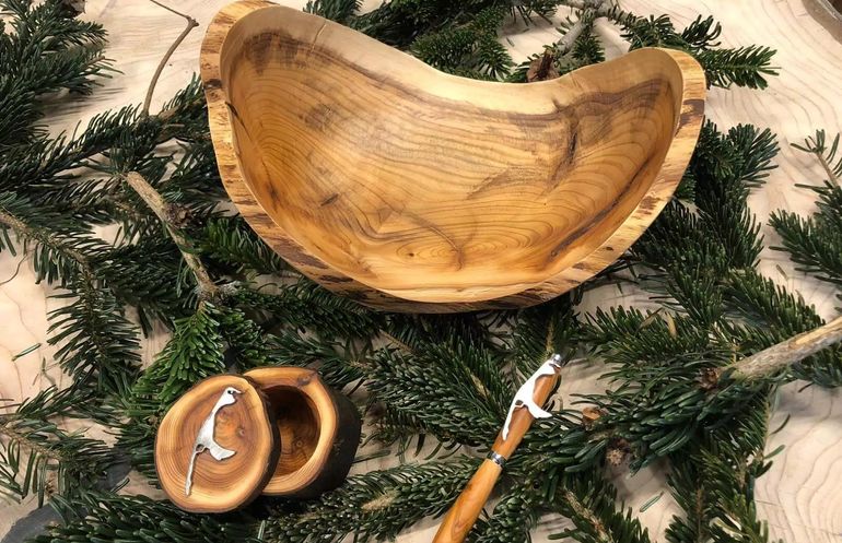 Obstschale aus Sylter Holz, Kugelschreiber und Sylt-Döschen von der Sylter Holzkunst GbR