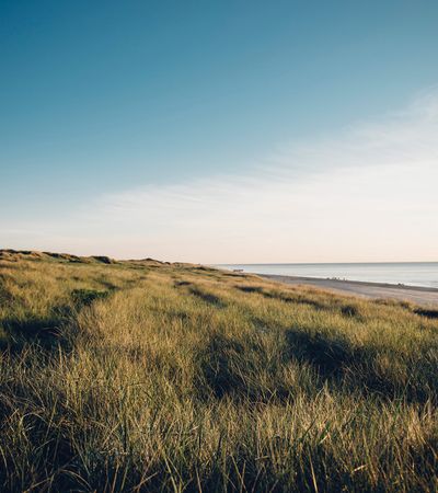 Blick vom Strandübergang über die Düne auf die Nordsee und nach Westerland